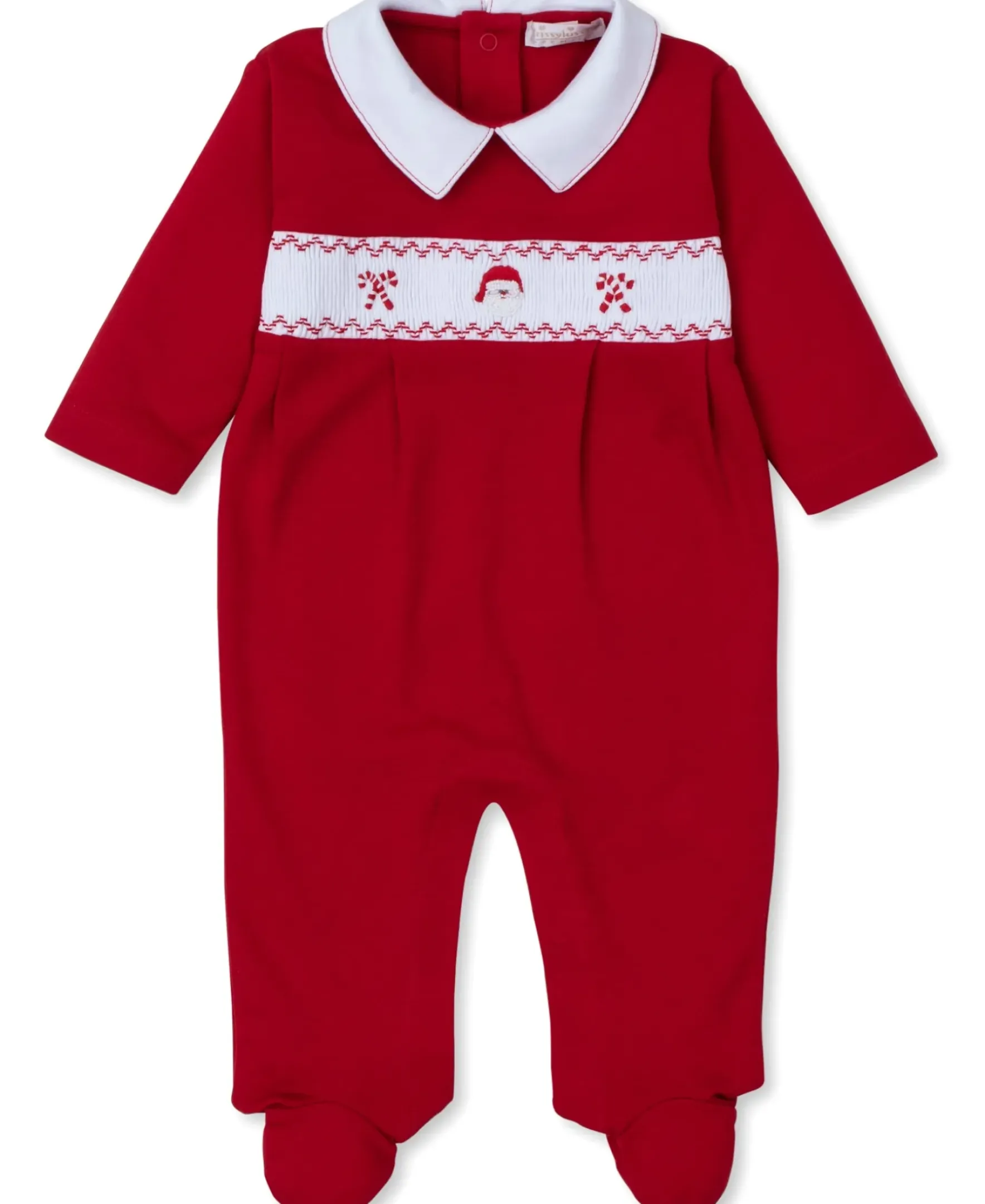 Kissy Kissy CLB Holiday Medley 24 Hand Smocked Santa Collar Footie> Footies|Smocking + Hand Embroidery