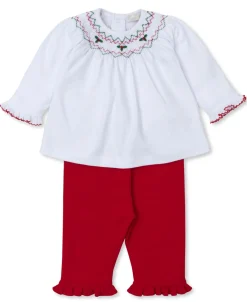 Kissy Kissy CLB Holiday Medley 24 Hand Smocked Mistletoe Pant Set> Smocking + Hand Embroidery