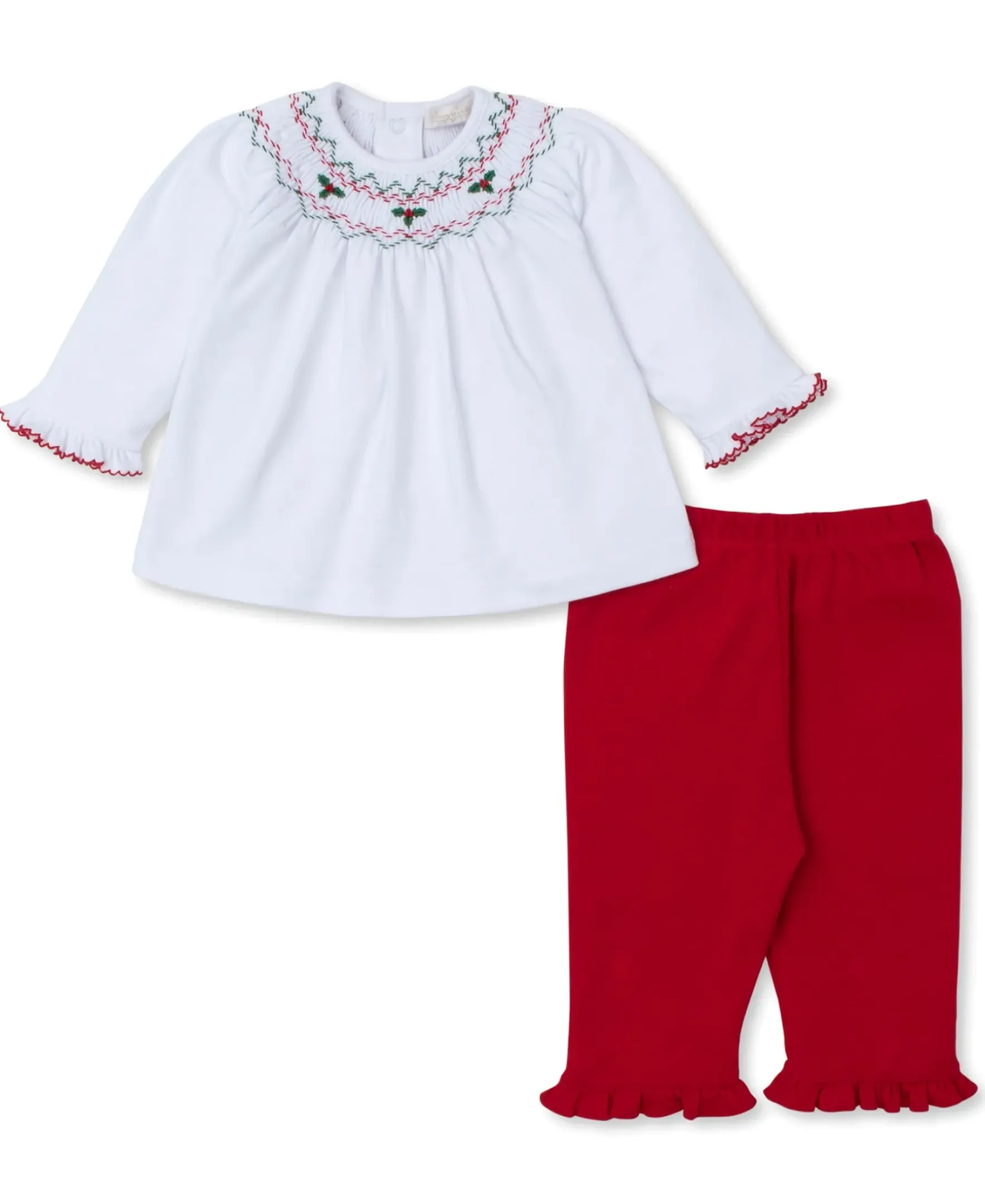 Kissy Kissy CLB Holiday Medley 24 Hand Smocked Mistletoe Pant Set> Smocking + Hand Embroidery
