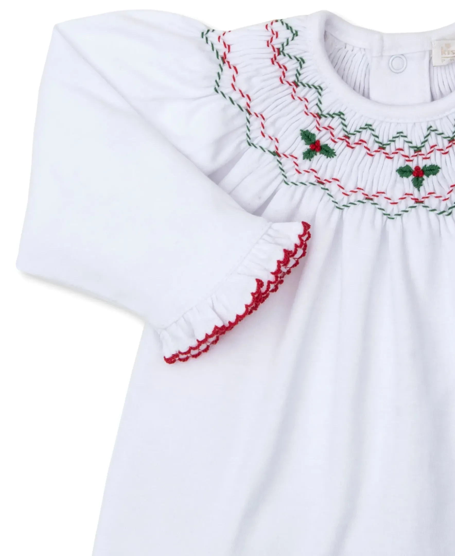 Kissy Kissy CLB Holiday Medley 24 Hand Smocked Mistletoe Pant Set> Smocking + Hand Embroidery