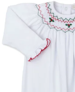 Kissy Kissy CLB Holiday Medley 24 Mistletoe Hand Smocked Sack Gown> Smocking + Hand Embroidery