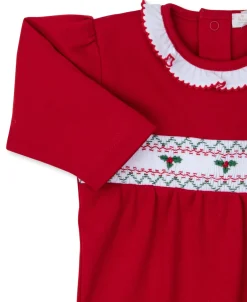 Kissy Kissy CLB Holiday Medley 24 Hand Smocked Mistletoe Footie> Footies|Smocking + Hand Embroidery