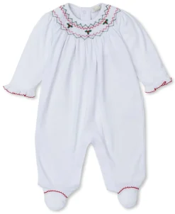 Kissy Kissy CLB Holiday Medley 24 White Hand Smocked Mistletoe Footie> Footies|Smocking + Hand Embroidery