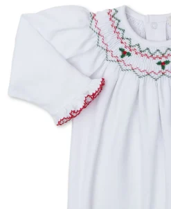 Kissy Kissy CLB Holiday Medley 24 White Hand Smocked Mistletoe Footie> Footies|Smocking + Hand Embroidery