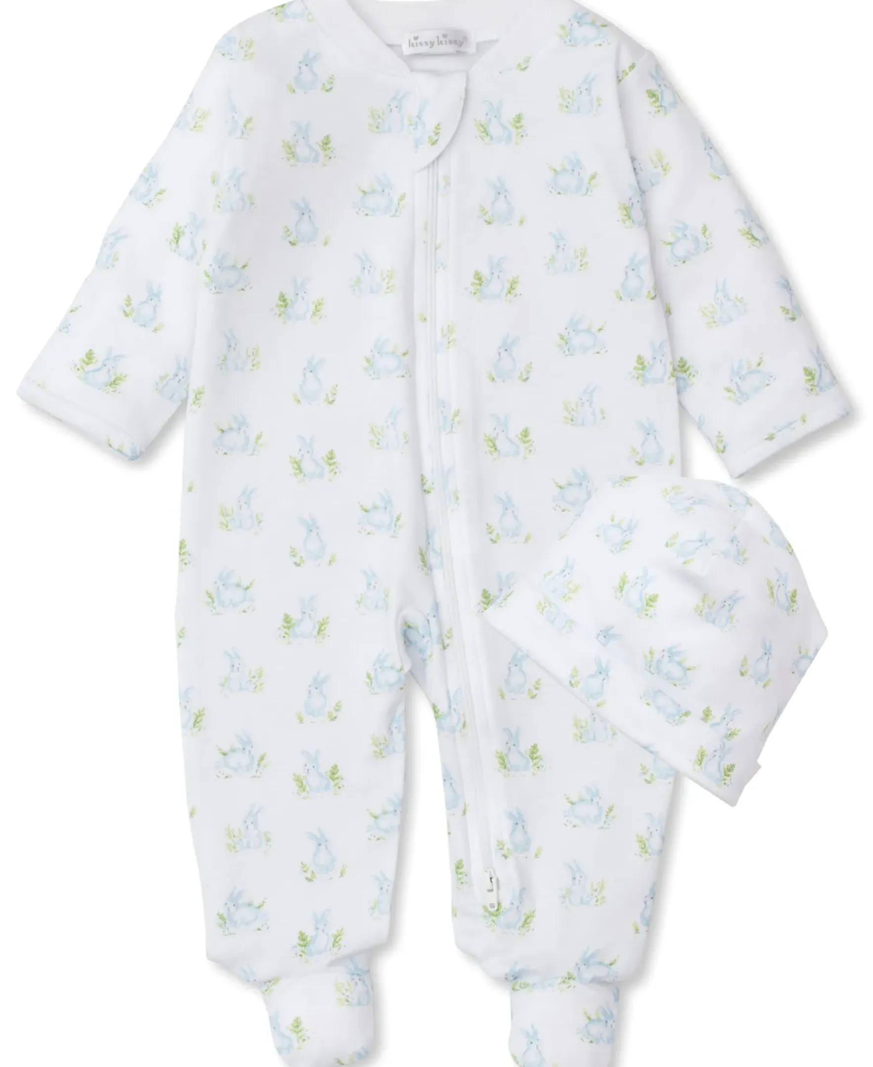 Kissy Kissy Cottontail Hollows Blue Zip Footie & Hat Set> Hats|Footies