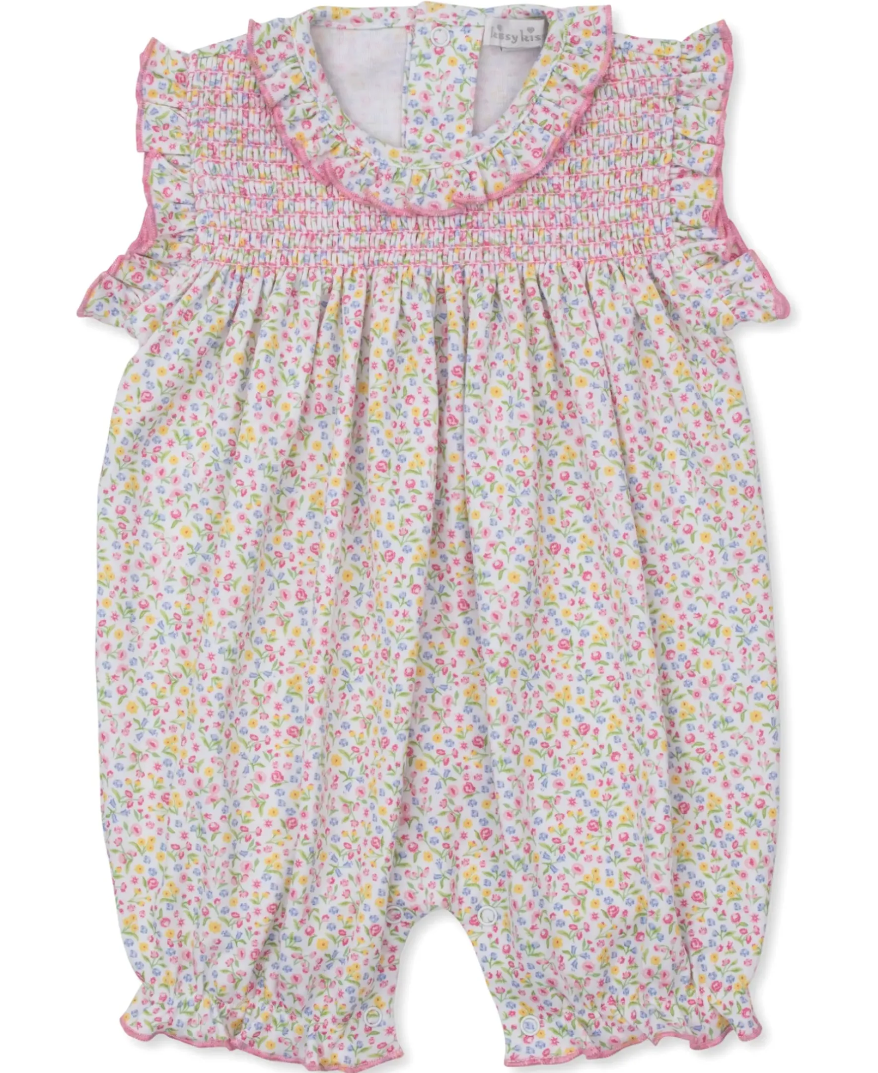 Kissy Kissy Garden Trellis Floral Short Smocked Playsuit> Playsuits|Smocking + Hand Embroidery