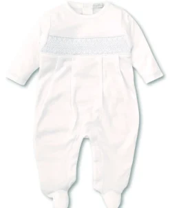 Kissy Kissy Hand Smocked CLB Charmed White/Blue Footie> Smocking + Hand Embroidery|White Basics
