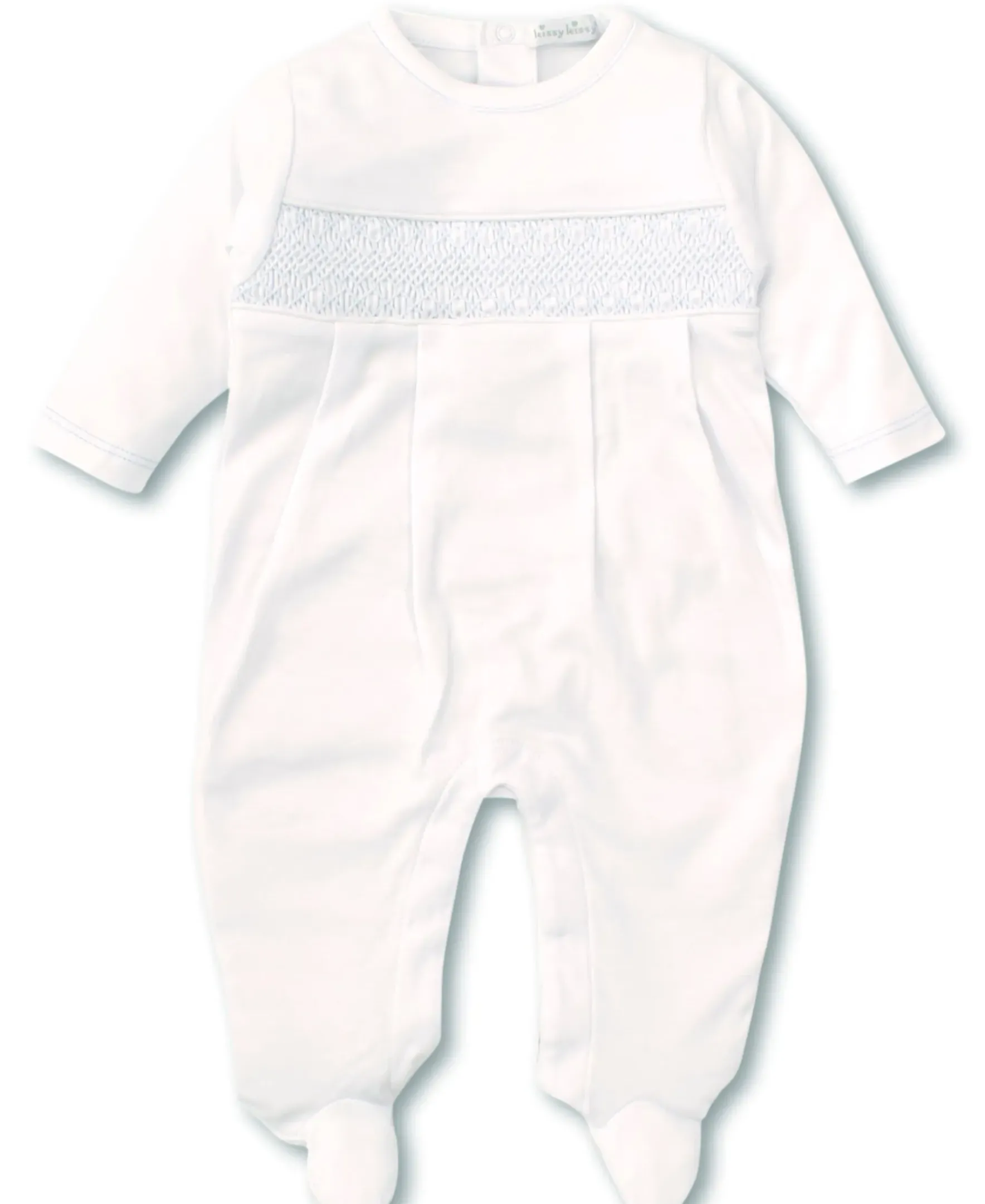 Kissy Kissy Hand Smocked CLB Charmed White/Blue Footie> Smocking + Hand Embroidery|White Basics
