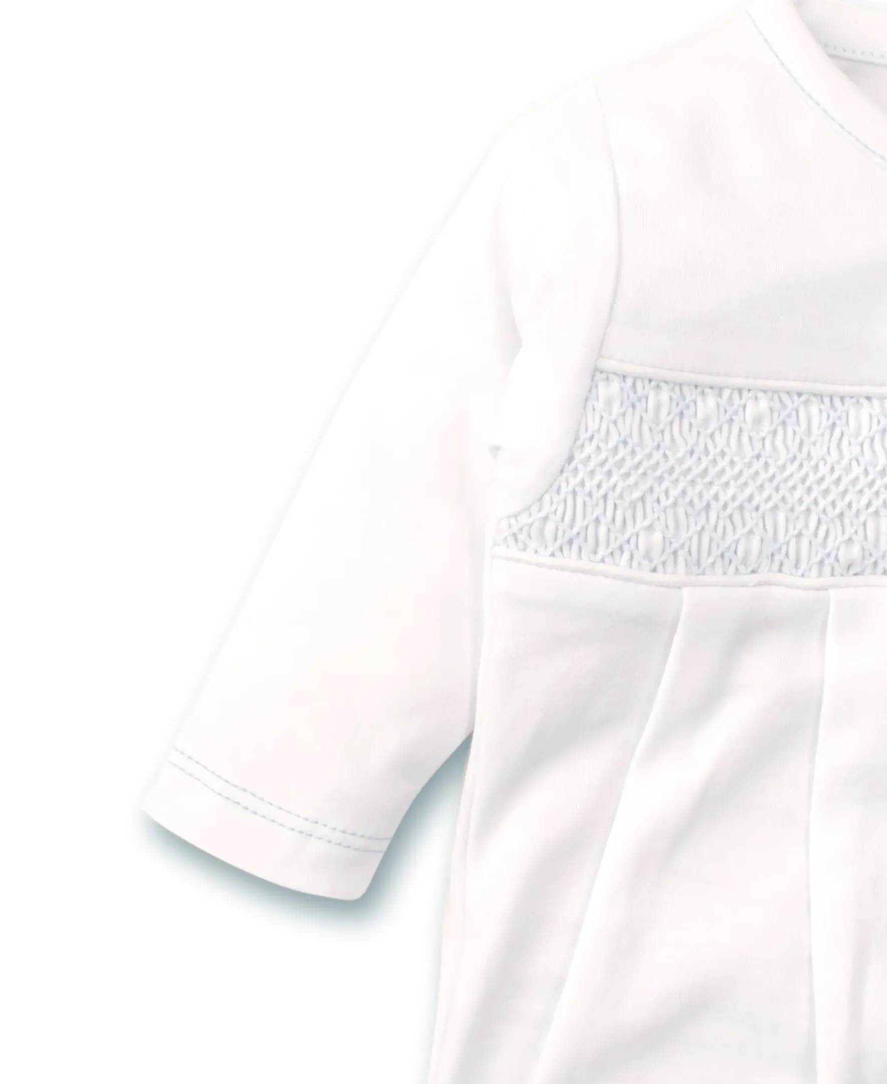 Kissy Kissy Hand Smocked CLB Charmed White/Blue Footie> Smocking + Hand Embroidery|White Basics