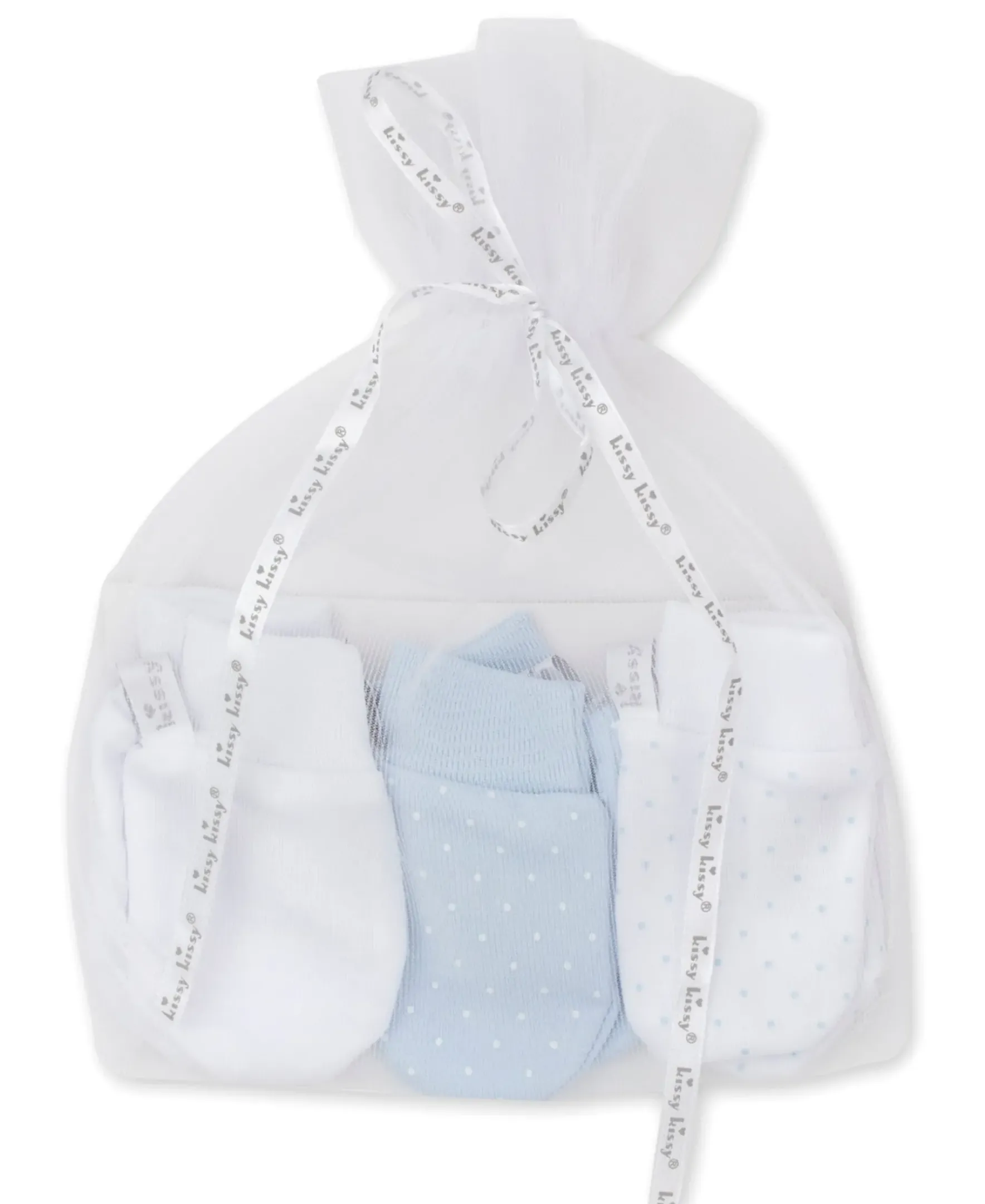 Kissy Kissy Kissy Dots 3 Pack Blue Mittens Set w/ Tulle Bag> Mittens|Multipacks + Sets