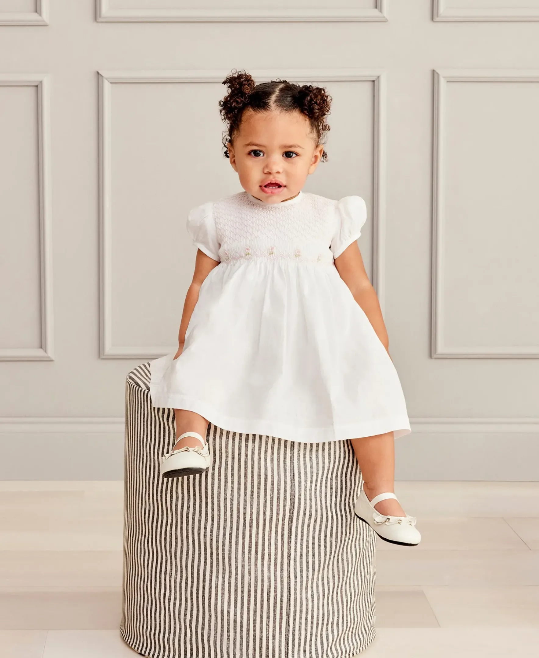 Kissy Kissy Kissy Elegance White Hand Smocked Woven Dress> Dresses + Bubbles|Smocking + Hand Embroidery