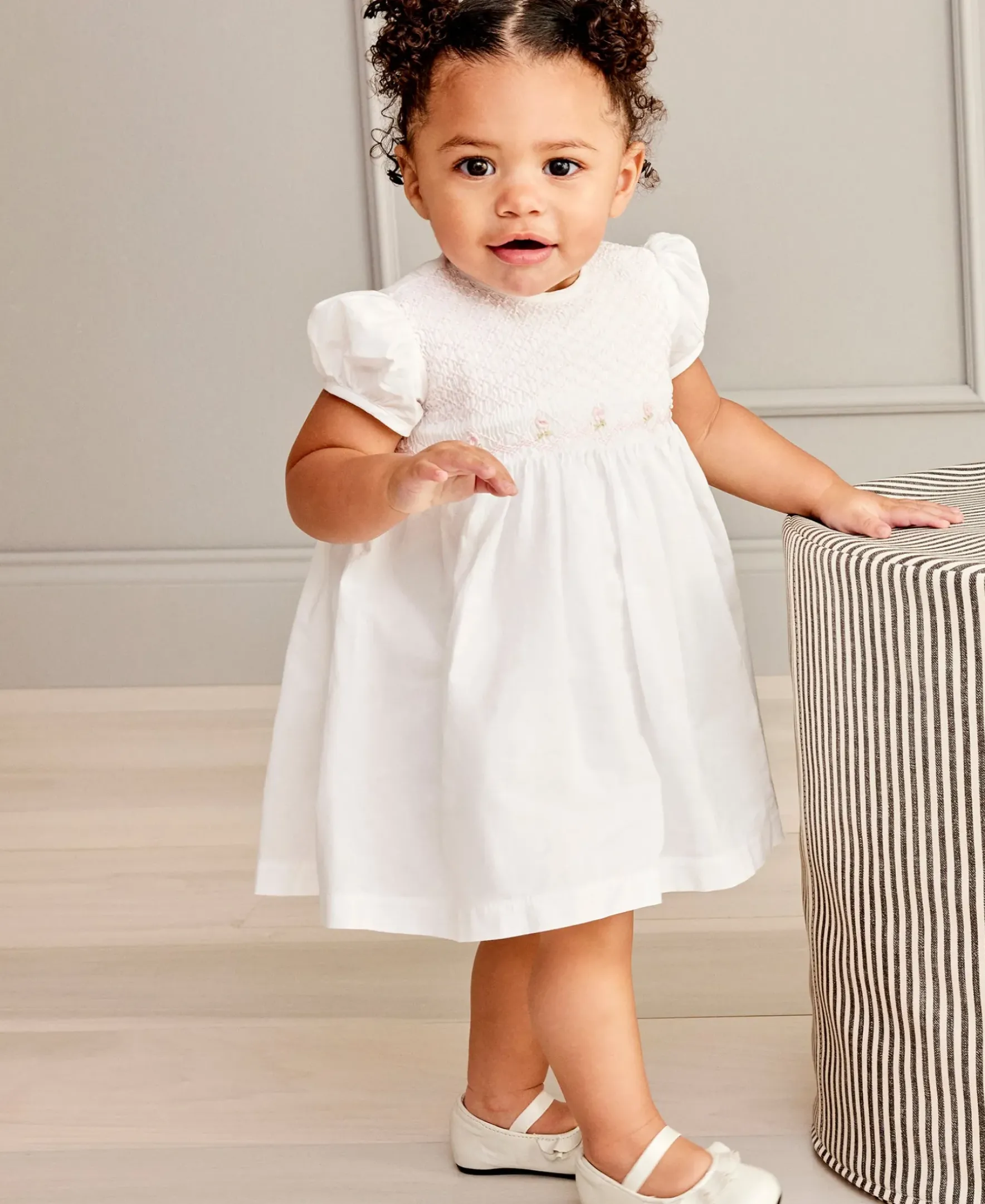Kissy Kissy Kissy Elegance White Hand Smocked Woven Dress> Dresses + Bubbles|Smocking + Hand Embroidery