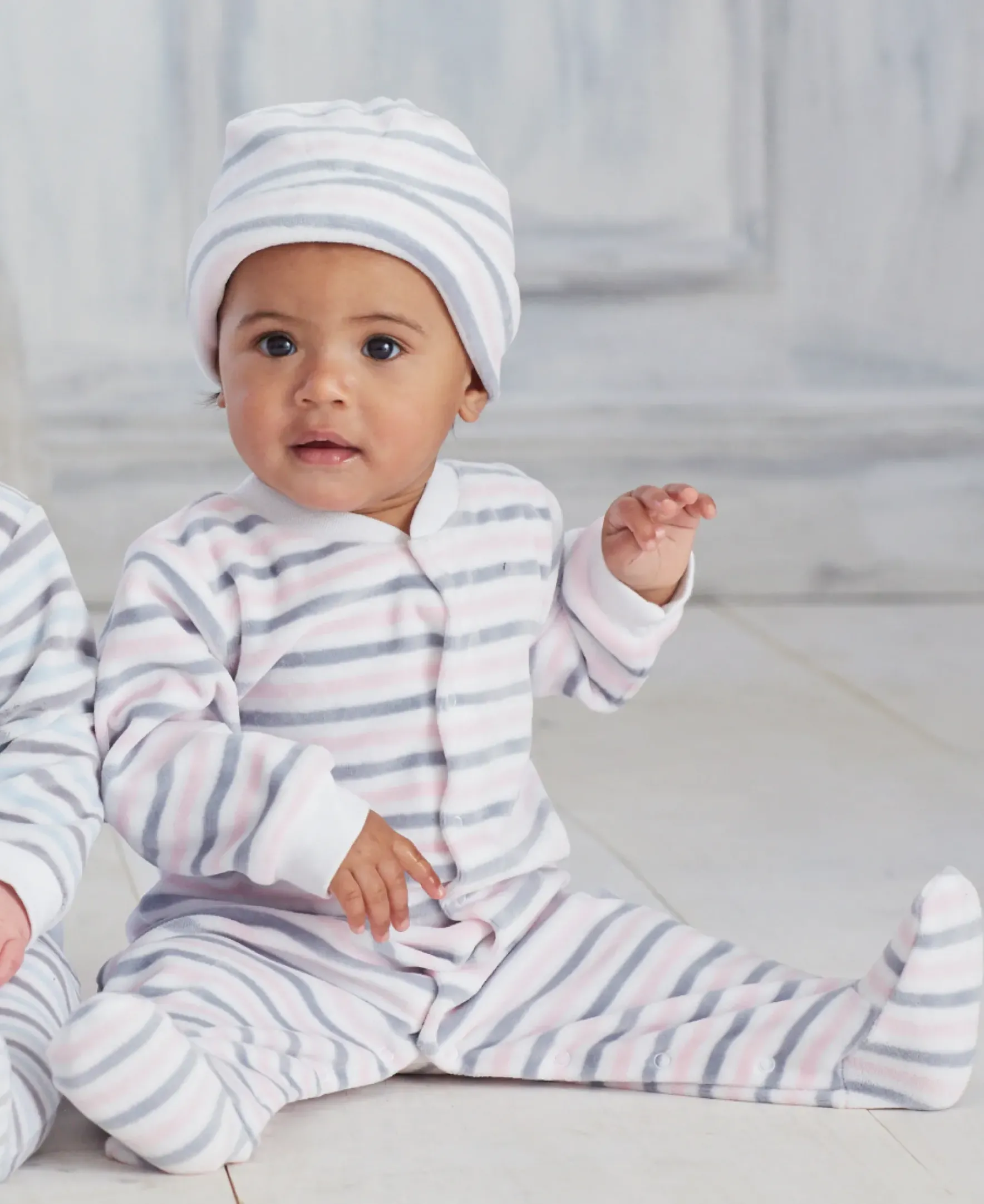 Kissy Kissy Pink Stripe Velour Footie & Hat Set> Hats|Footies