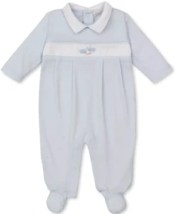 Kissy Kissy Premier Baby Bunny Patch Blue Hand Emb. Collar Footie> Footies|Smocking + Hand Embroidery