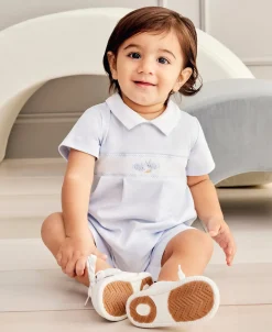 Kissy Kissy Premier Baby Bunny Patch Blue Hand Emb. Short Playsuit> Rompers|Smocking + Hand Embroidery