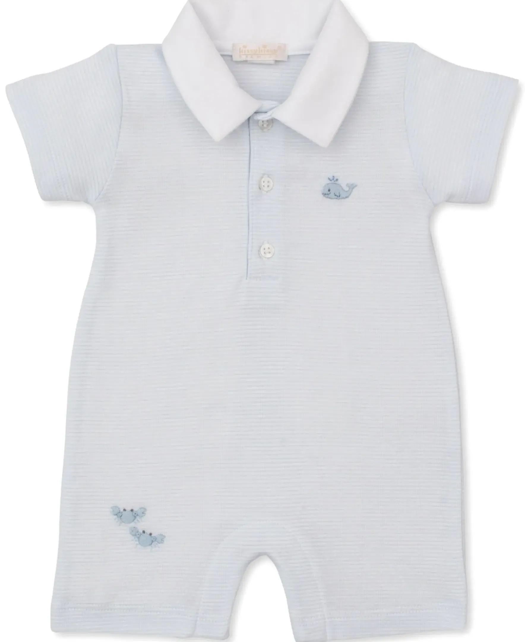 Kissy Kissy SCE Crabs & Whales Blue Hand Emb. Short Stripe Playsuit> Playsuits|Smocking + Hand Embroidery