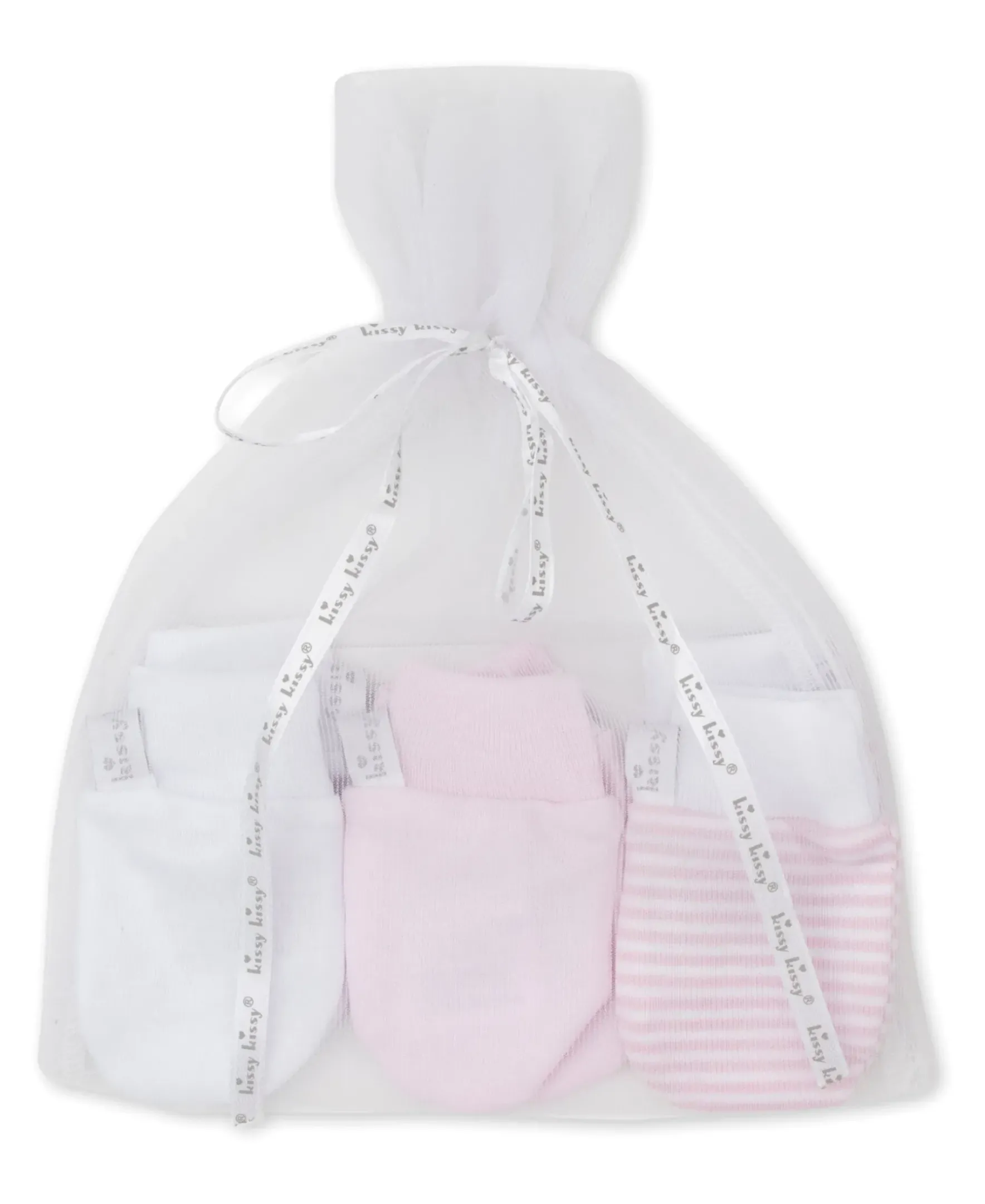 Kissy Kissy Simple Stripes 3 Pack Pink Mittens Set w/ Tulle Bag> Mittens|Multipacks + Sets